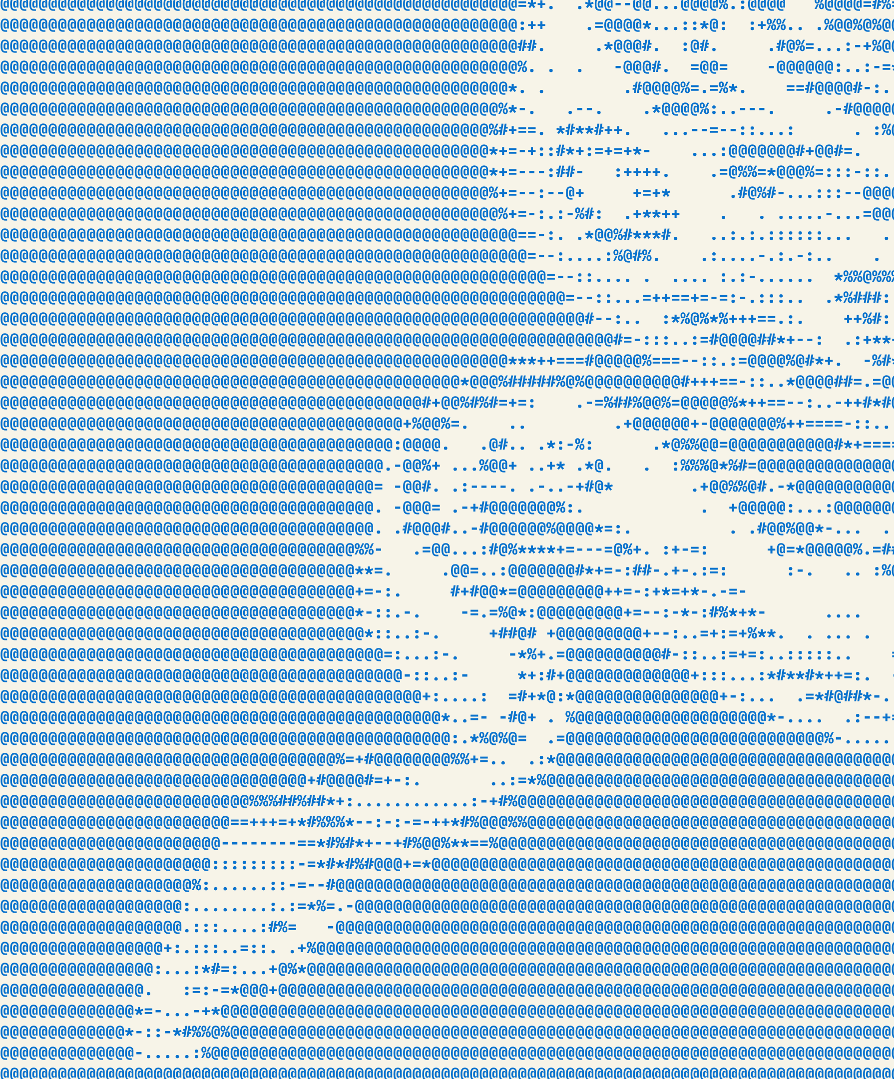 An abstract representation created using ASCII art, featuring a pattern of blue characters on a light background, forming a shape that suggests complexity and technology.